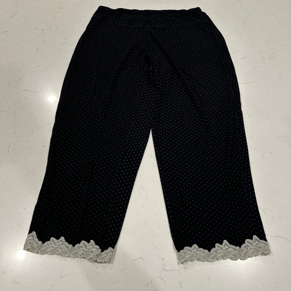 Soma Intimates Pajama Pants Small Black Gold Polka Dot Lace Trim Crop Lounge